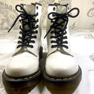 Dr. Martens White Leather Lace-Up Combat Boots with Yellow Stitching